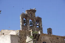 Steinerner Glockenturm mit Glocken und Vögeln am blauen Himmel.