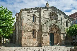 Stone church facade with door and small windows