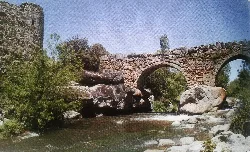 Stone bridge with two arches over a river with vegetation.