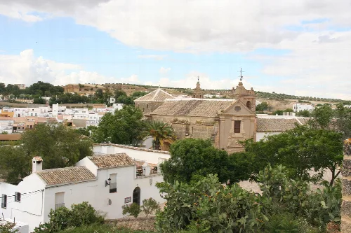 View of Osuna Collegiate Church with trees and white houses.