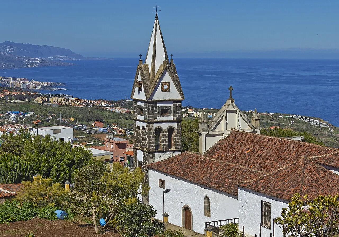 Church with tower and red tiled roof in La Victoria de Acentejo, Tenerife.