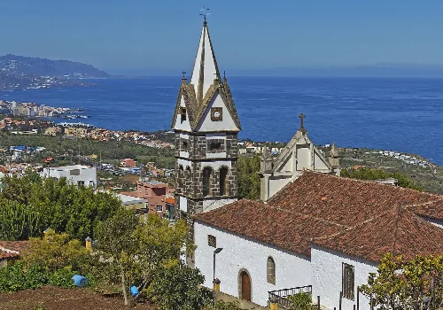 Church with tower and red tiled roof in La Victoria de Acentejo, Tenerife.