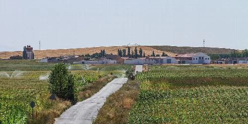 Ländliche Straße mit Feldern und einigen Häusern in der Ferne in Cordovilla.