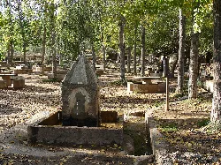 Fuente de piedra en un área recreativa con bancos y árboles.