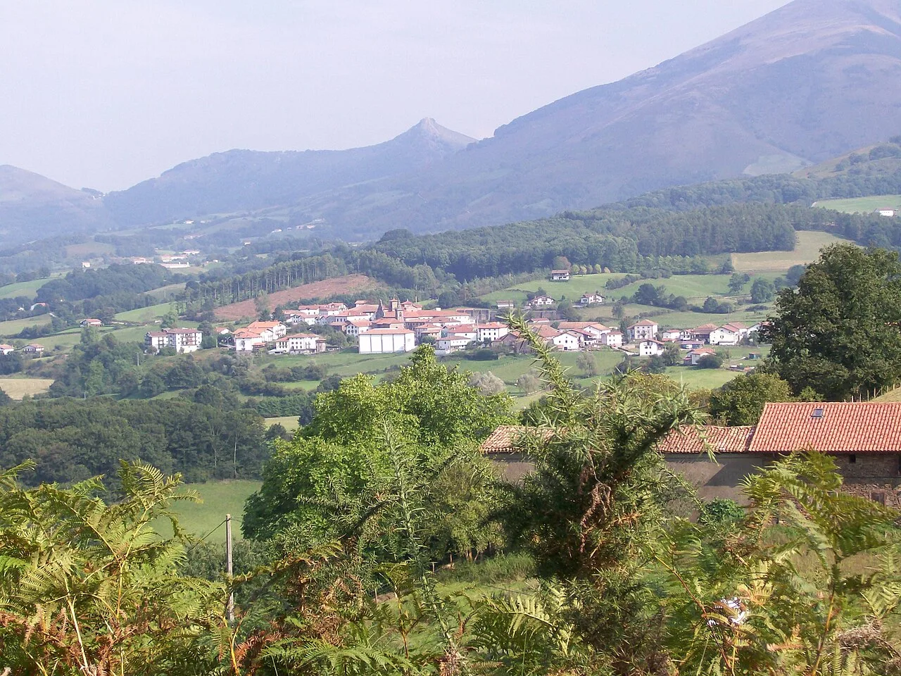 View of a village with mountains in the background and vegetation in the foreground.