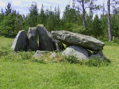 Dolmen von Mina da Perxubeira mit großen Steinen auf einer Wiese.