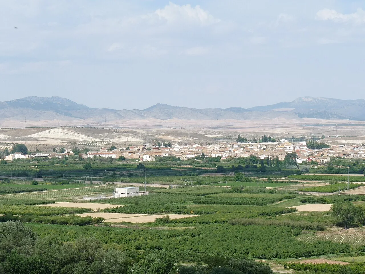 Paisaje rural con campos verdes y montañas en la distancia.