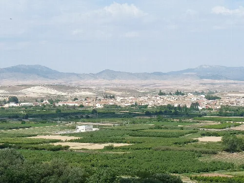 Rural landscape with green fields and distant mountains.