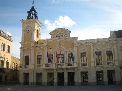 Town hall building with clock and flags on the facade.