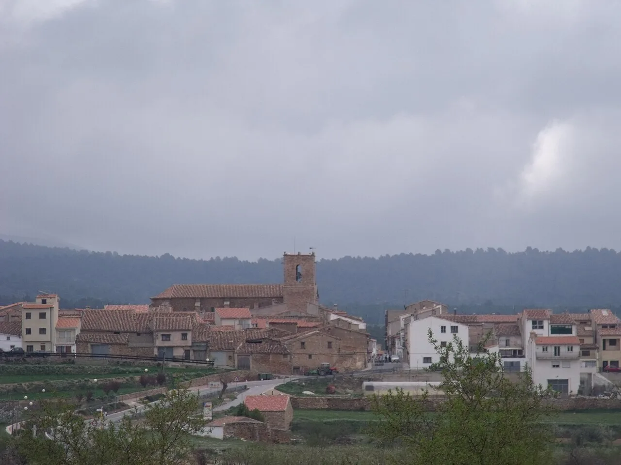 Paisaje de La Yesa con edificios y un cielo gris.