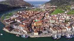 Vista aérea de Orio con puerto, calles y montañas verdes.