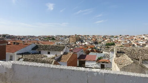 Panoramic view of rooftops and buildings in Santa Cruz de la Zarza, Toledo, from the church.