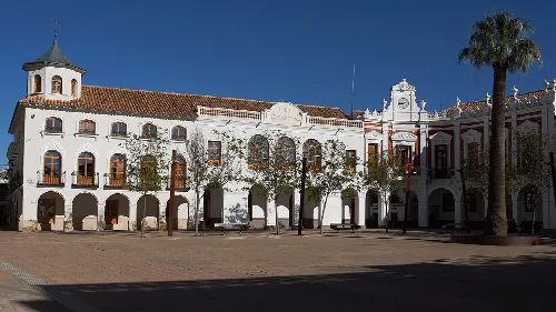 Town hall building with arches and trees in the square.