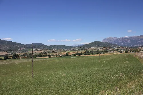 Grünes Feld mit Bergen und blauem Himmel in La Fueva.