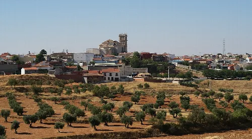 View of Villarrubia de Santiago with church and olive groves.