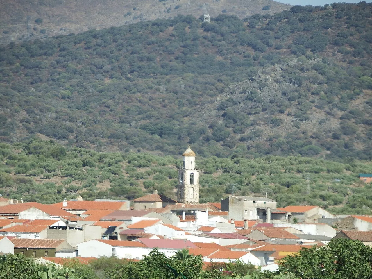 Blick auf eine Stadt mit Kirche und roten Dächern in einer grünen Hügelregion.