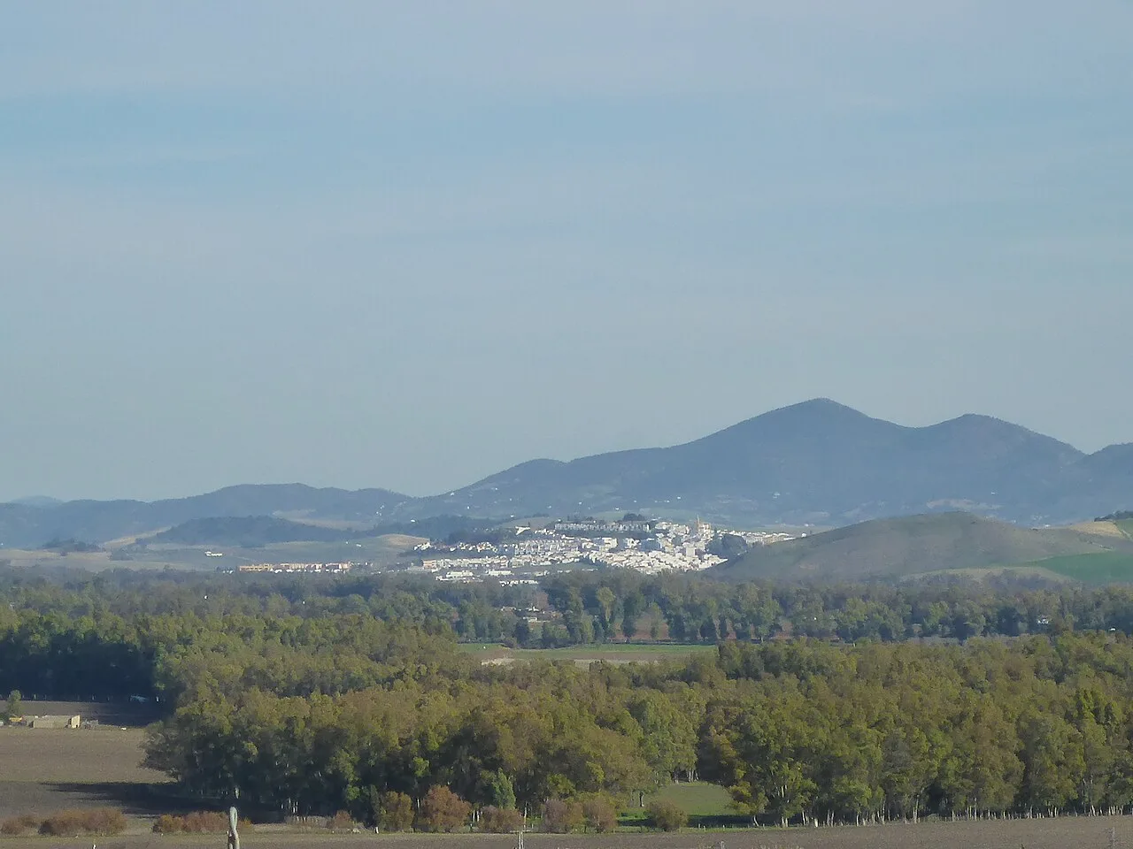 Paisaje con montañas, pueblo y árboles en primer plano.