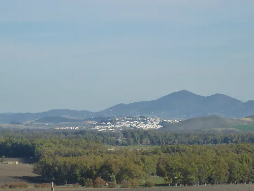 Landschaft mit Bergen, Stadt und Bäumen im Vordergrund.