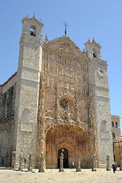 Facade of a church with towers and ornate details in Valladolid.