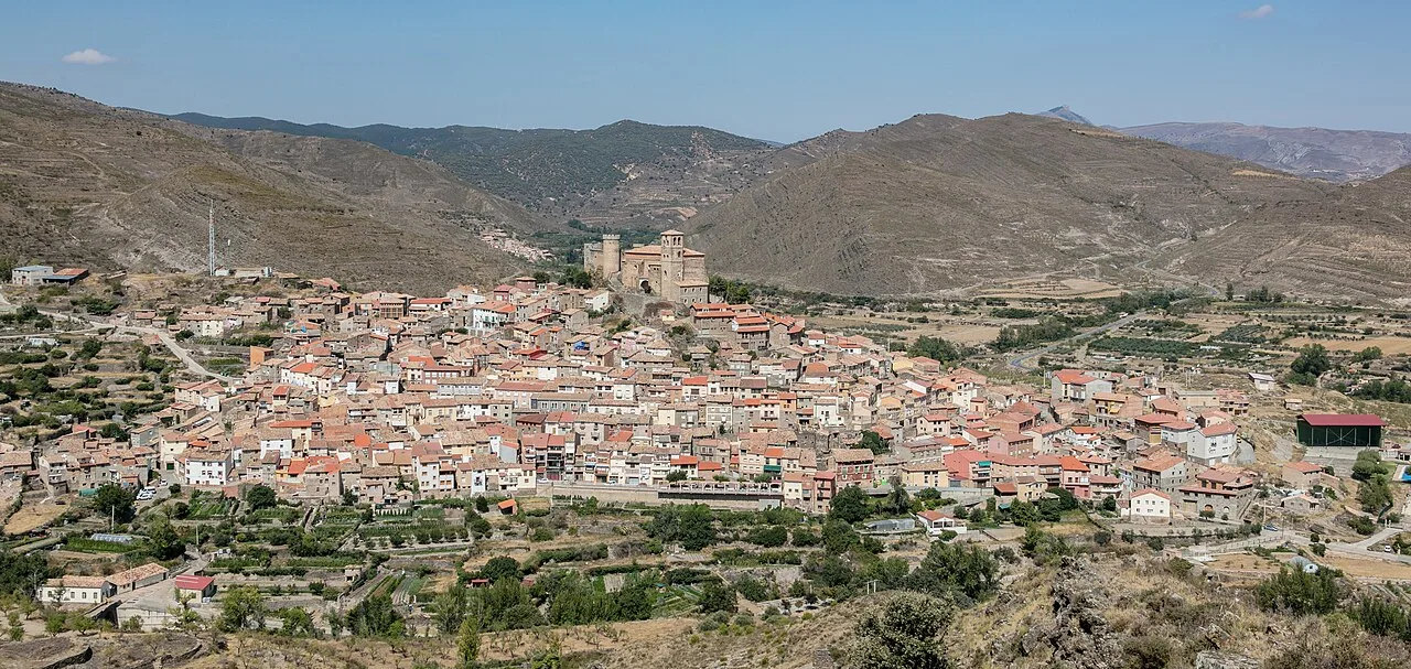 View of Cornago with church and castle on the hilltop