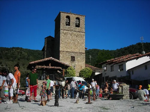 Grupo de personas observando una exhibición de rapaces en la plaza del pueblo.