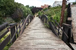 Wooden bridge with black railings and surrounding greenery.