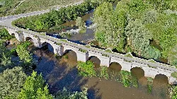 Aerial view of a stone bridge over the Arlanza River surrounded by trees.