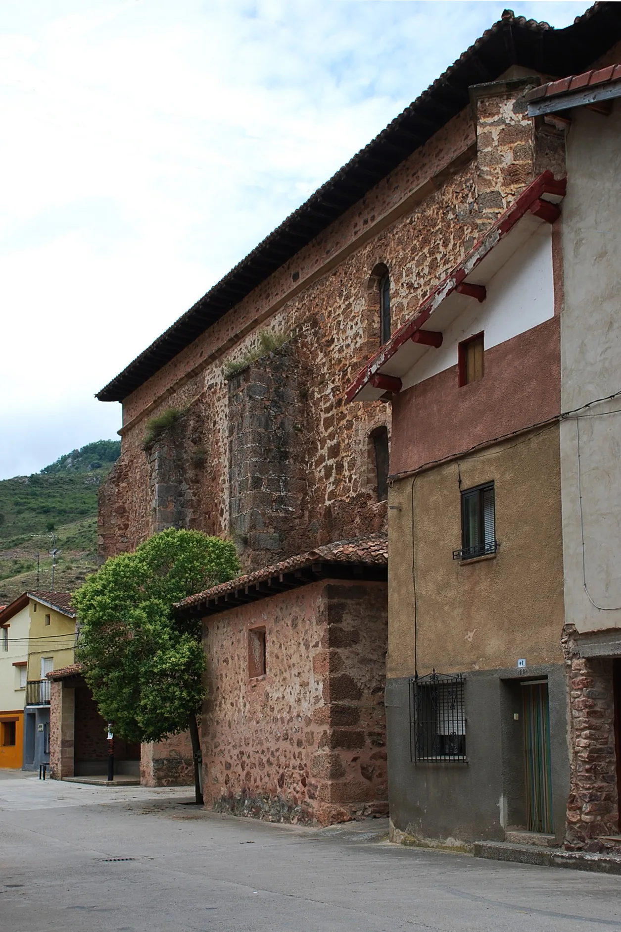 Calles de Tobía con casas de piedra y un árbol en la acera.