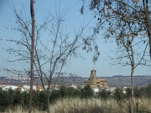 Landschaft mit Bäumen und einer Kirche in Villamanrique.