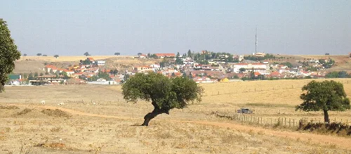 Ländliche Landschaft mit Bäumen und Häusern in der Ferne in Matilla de los Caños del Río.
