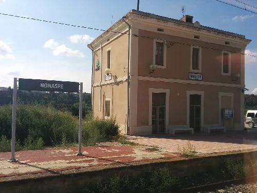Station building and sign at Nonaspe station.
