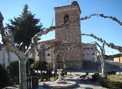 Fountain and church in Moraleja de las Panaderas, Valladolid, with trees and benches.