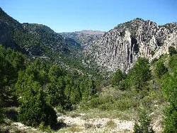 Vista de montañas rocosas y vegetación en los Organos de Montoro, Teruel.