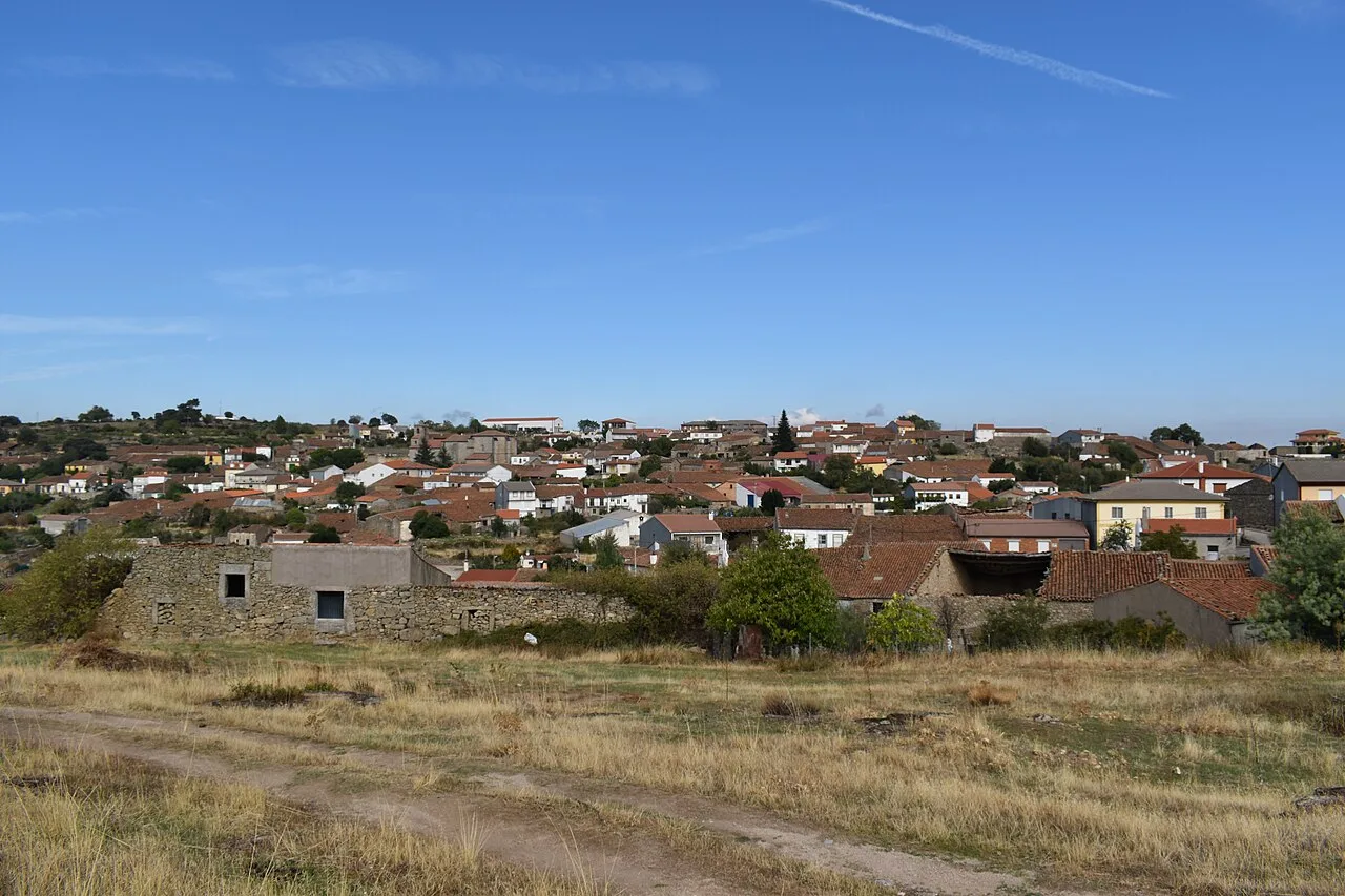 Panoramic view of Valdefuentes de Sangusín with houses and blue sky.