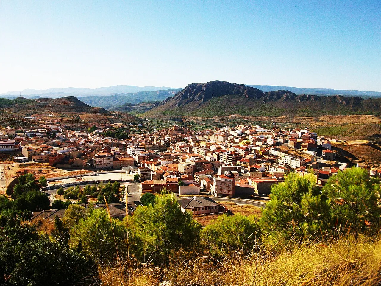 Vista panorámica de Elche de la Sierra con Peña San Blas y montañas al fondo.