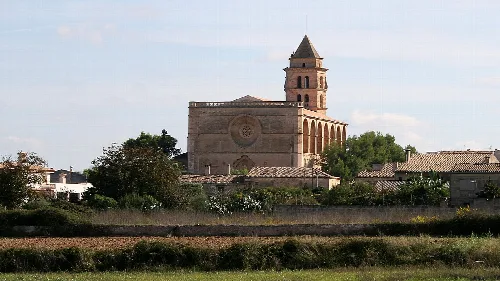 Kirche St. Peter in Petra, Mallorca, mit Turm und alter Struktur.