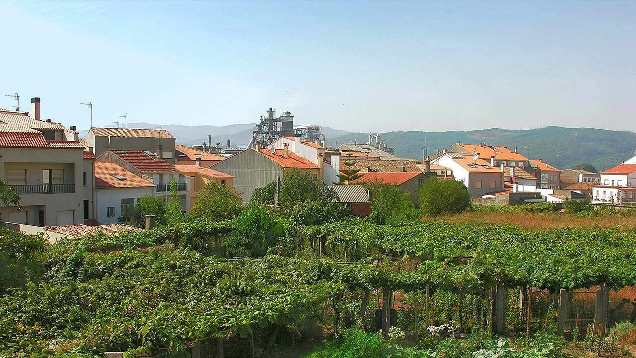 Houses and gardens in Puentecesures, Galicia, with hills in the background.