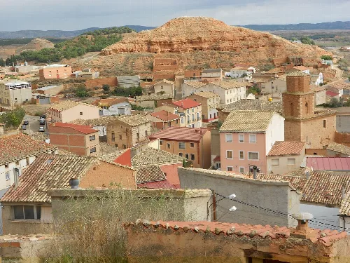 Panoramic view of houses and a hill in Ariza, Zaragoza, Spain.