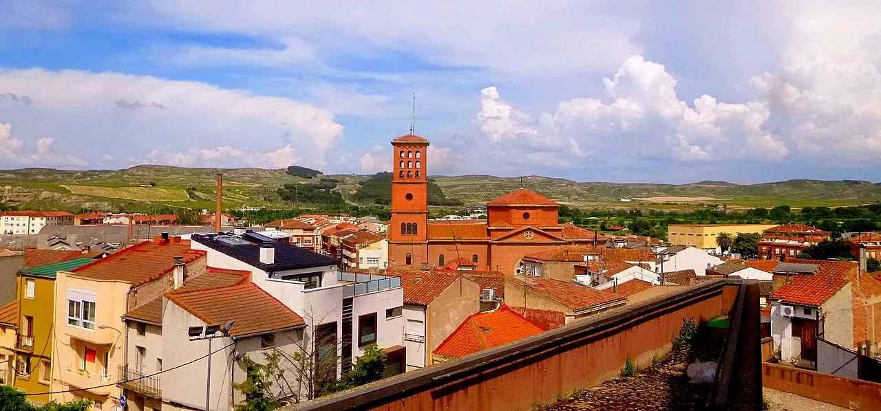 View of rooftops and a church tower in San Adrián, Navarra.