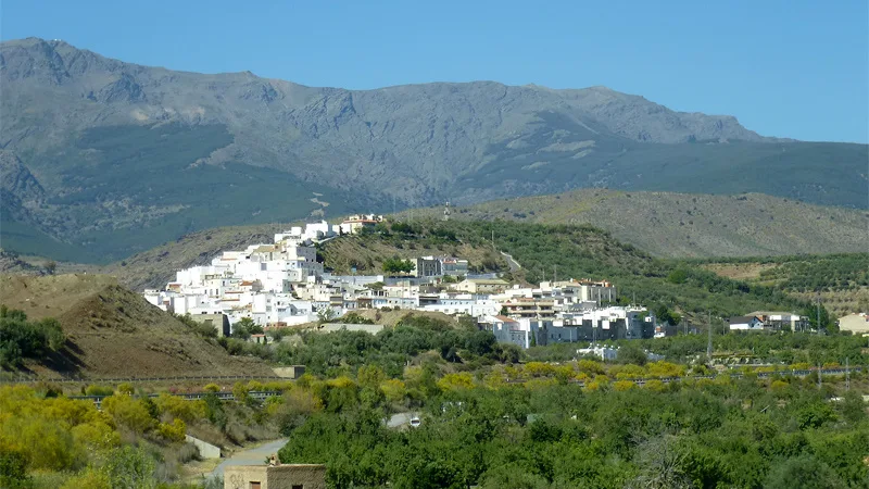 Pueblo blanco en las montañas de Almería con vegetación y picos en el fondo.