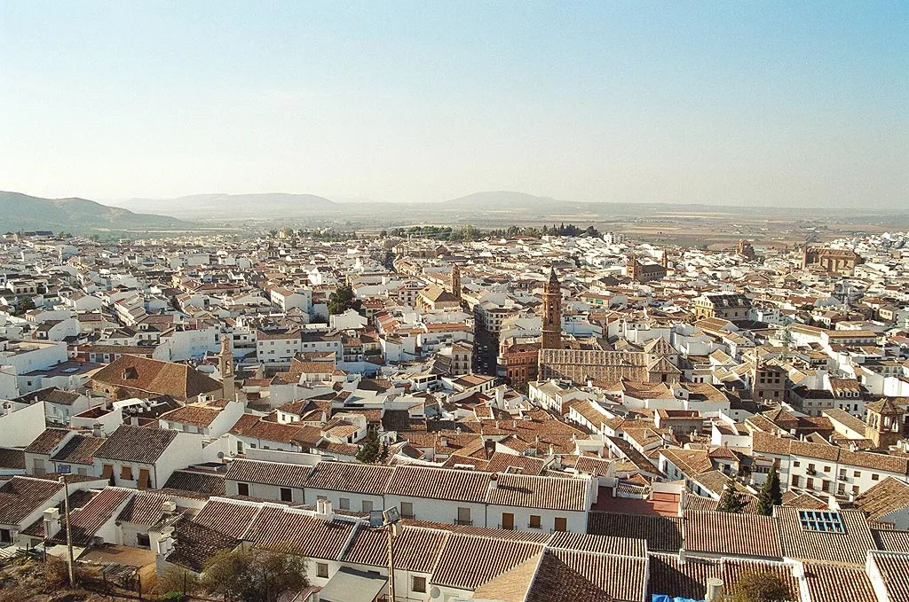 Vista aérea de la ciudad de Antequera con tejados y una iglesia en el centro.