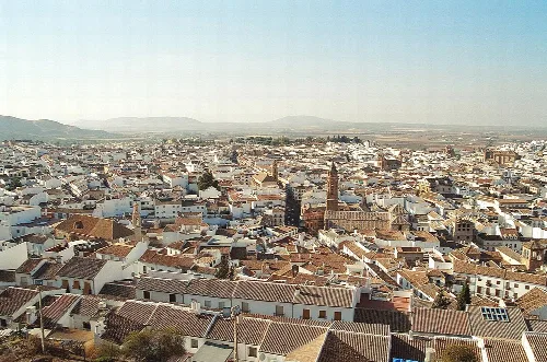 Luftaufnahme von Antequera mit Dächern und einer Kirche im Zentrum.