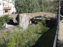 Stone bridge in Munilla, La Rioja, with vegetation and houses around.