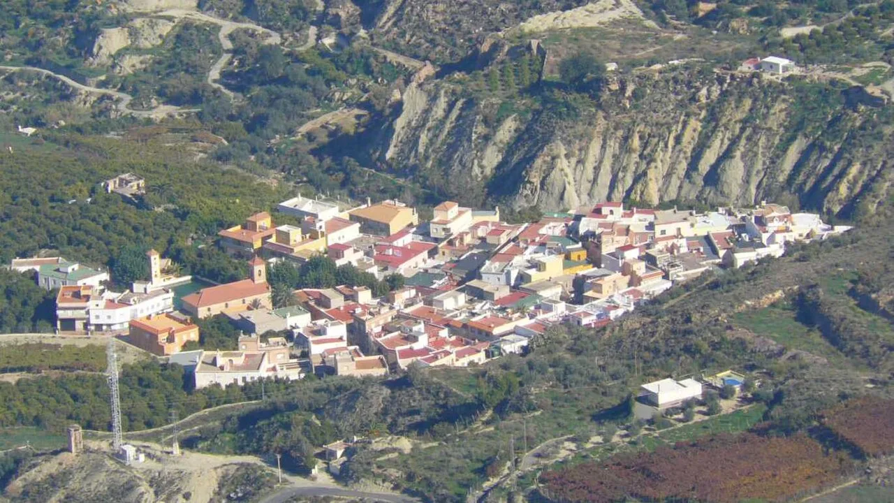 Aerial view of houses and streets in Alicún, Almería.