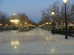 Street with lamps and leafless trees in Utiel, ending at El Tollo near the Magro river.