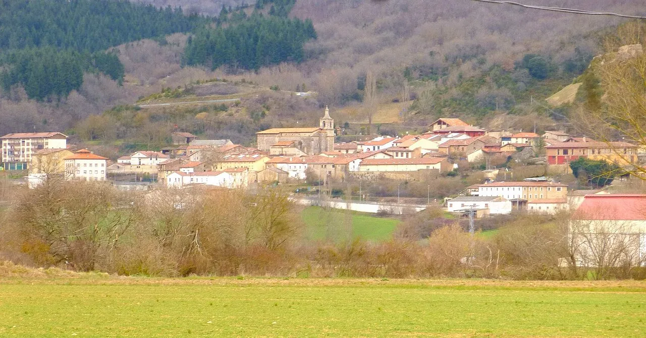 Vista panorámica de Bernedo con casas, iglesia y colinas en el fondo.