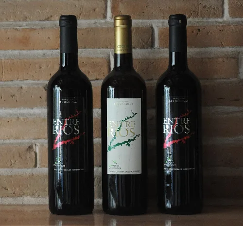 Drei Flaschen Pitarra-Wein aus Ceclavín auf einer Holzfläche.