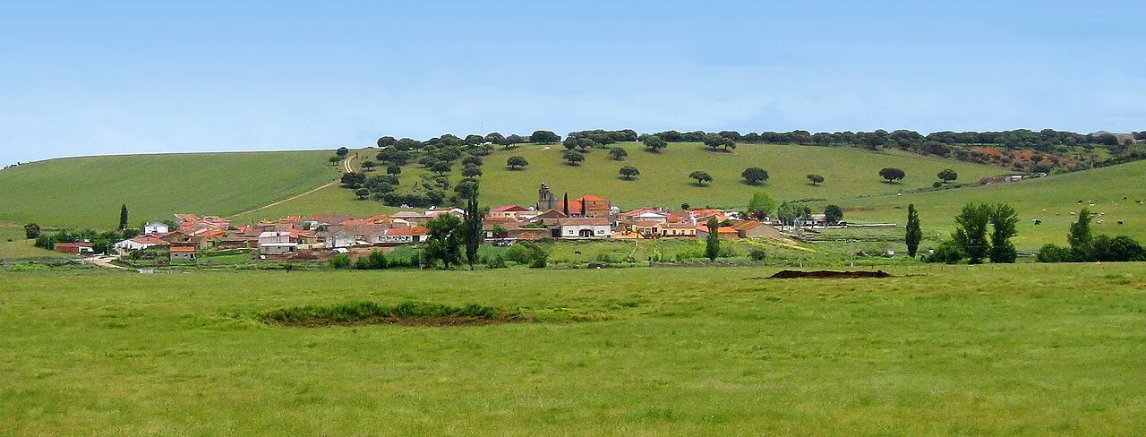 Landscape with village and green hills in Salamanca.