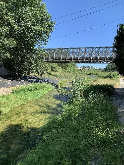 Albaida river with a wooden bridge and surrounding vegetation.