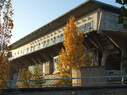 Sports building with autumn trees and modern structure.
